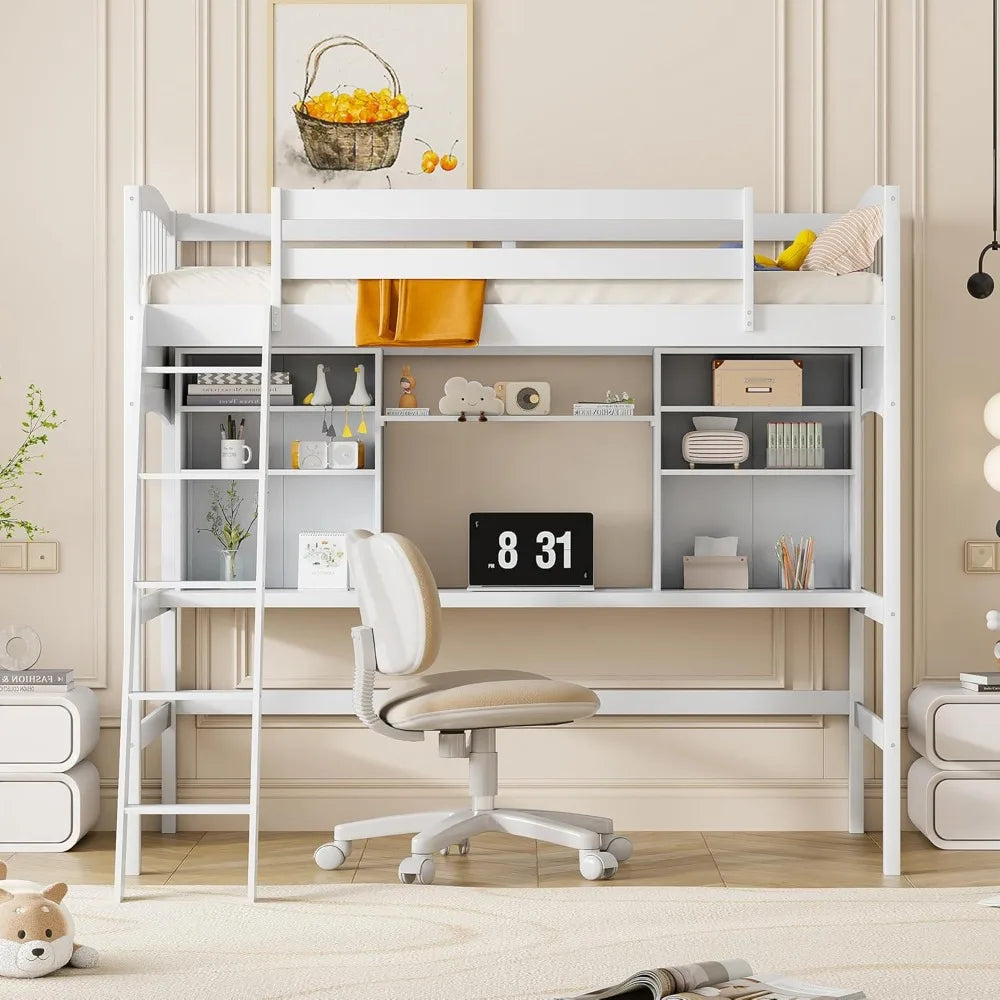 white twin size solid wood loft bed with desk and shelves - bedroom furniture by harper & bright designs