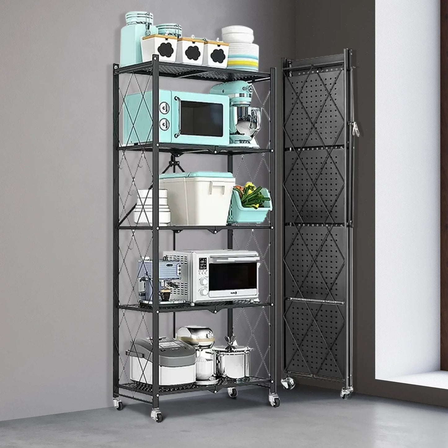 Storage Shelving 5-Tier With Wheel Unit Metal Shelf Adjustable Heavy Duty Foldable Organizer Rack