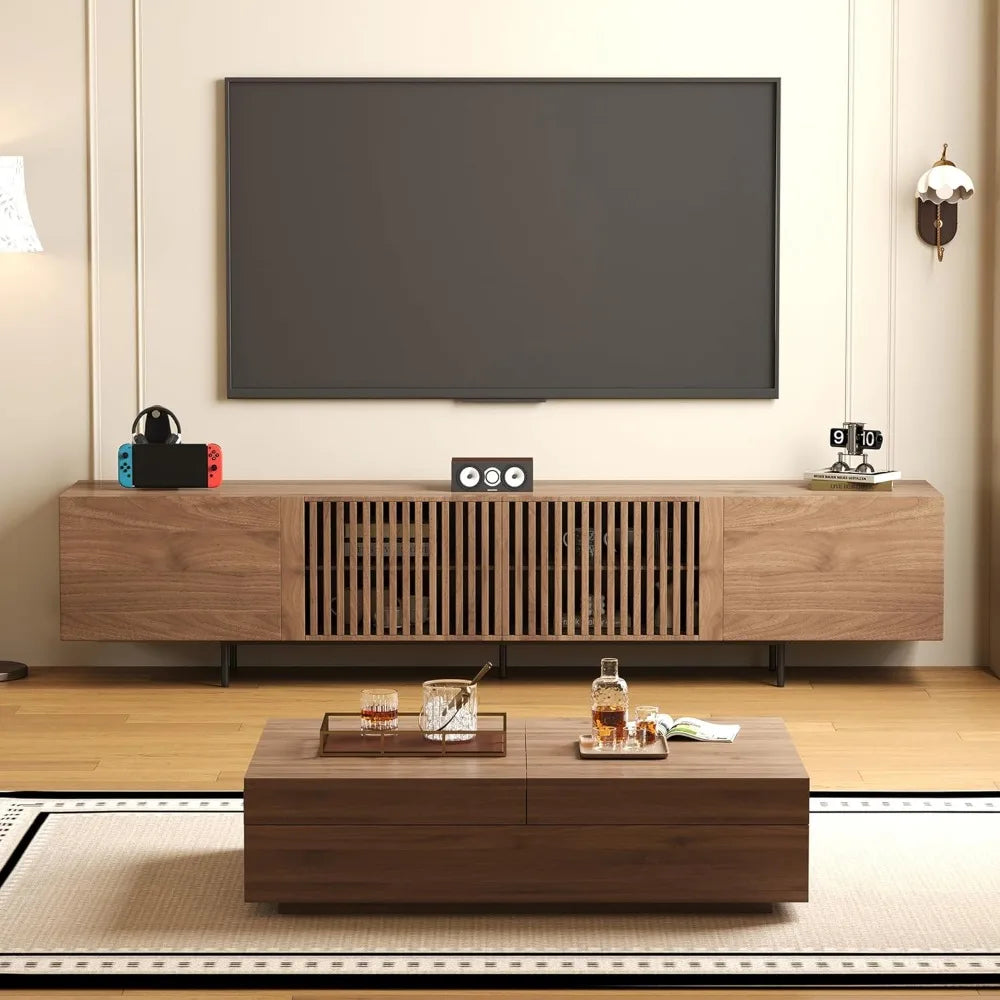 Mid-Century Modern TV Stand & Expandable Coffee Table Set, Walnut Finish, Stylish Storage Combo for Living Room or Bedroom (70.8
