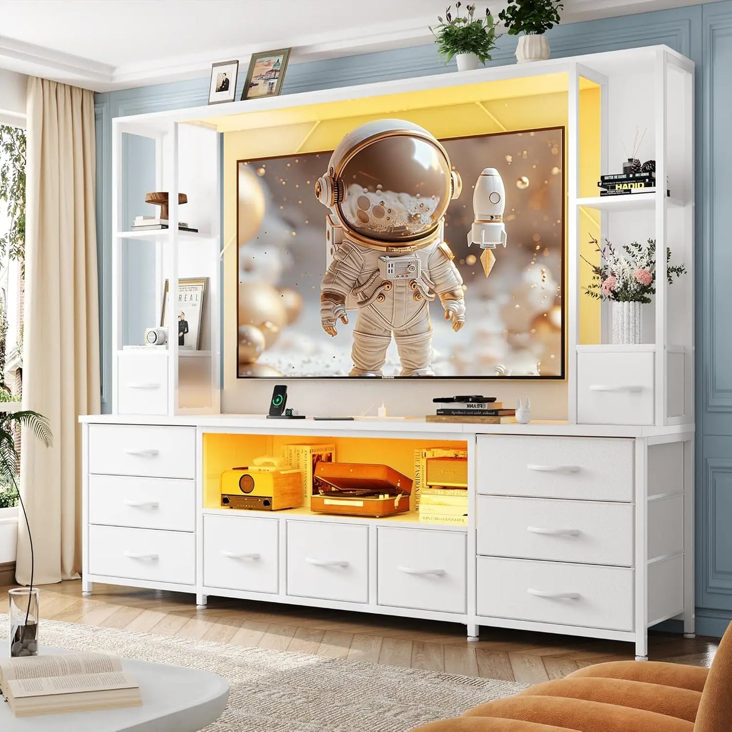 78.6" TV Stand for Living Room, Large Entertainment Center with 11 Fabric Drawers, 2 LED Lights & Power Outlets, Modern