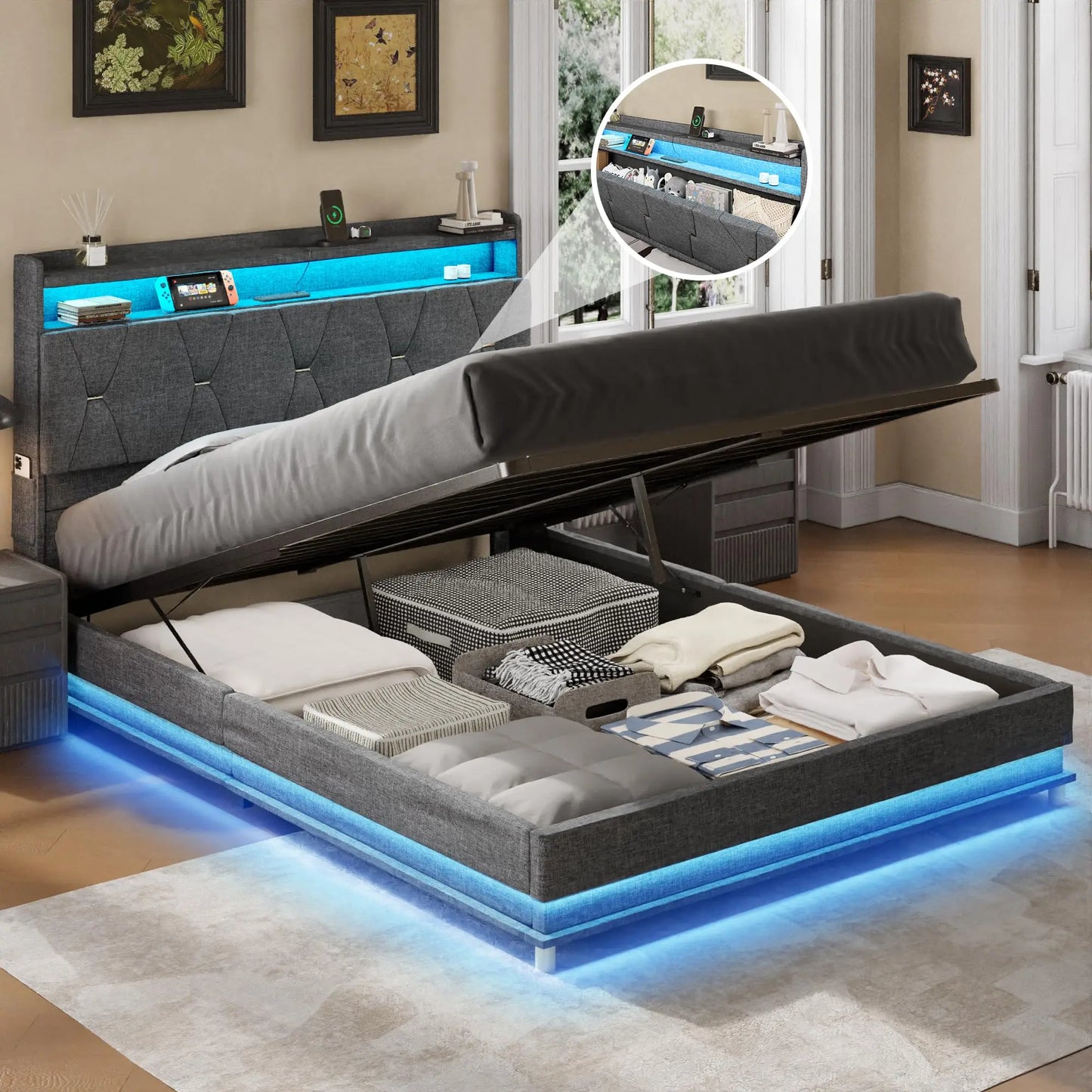 Vabches Lift Up Bed Frame with Storage Headboard&Power Outlet, LED Lights Upholstered Platform Bed Frame for Bedroom Noise-Free