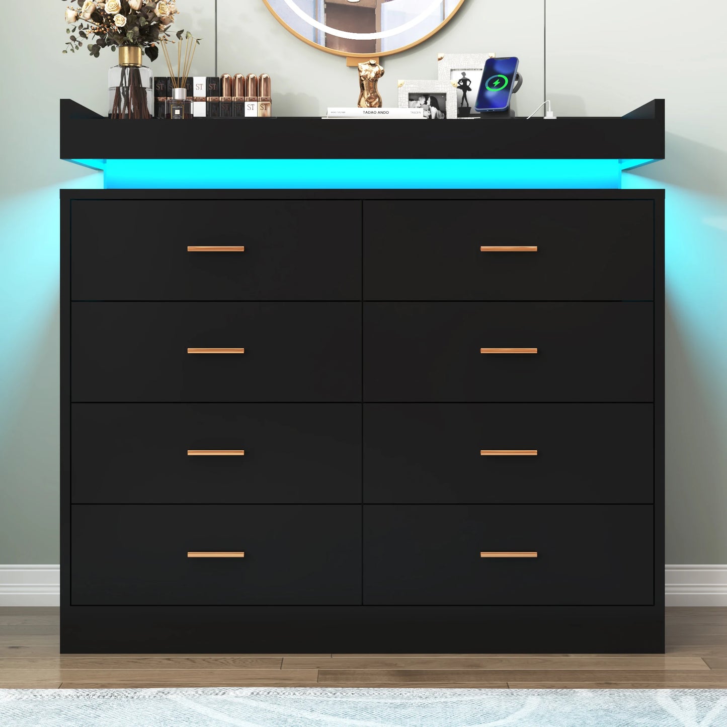 8 Drawer Dresser With LED Light Modern Chest Of Drawers Bedroom