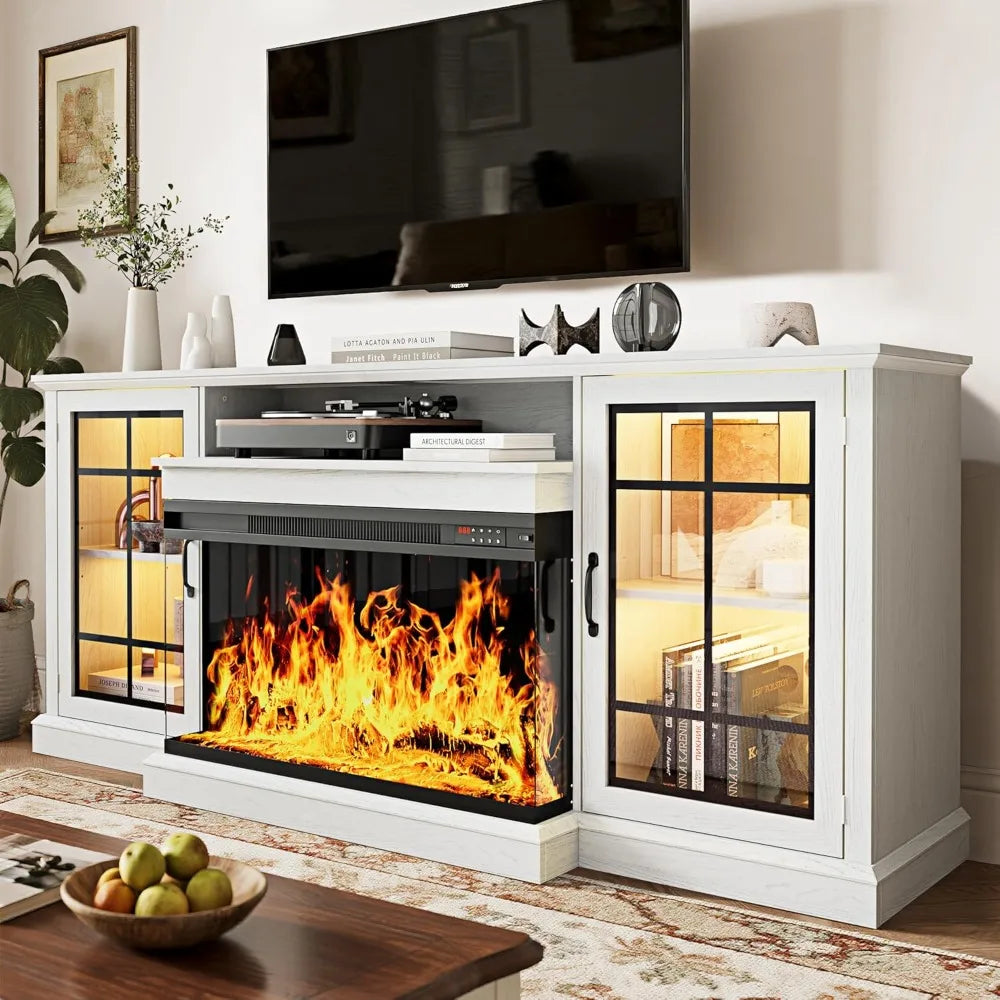 70'' Fireplace TV Stand, Farmhouse Entertainment Center with 3 Sided Glass TV Stand, Modern Media Console Table