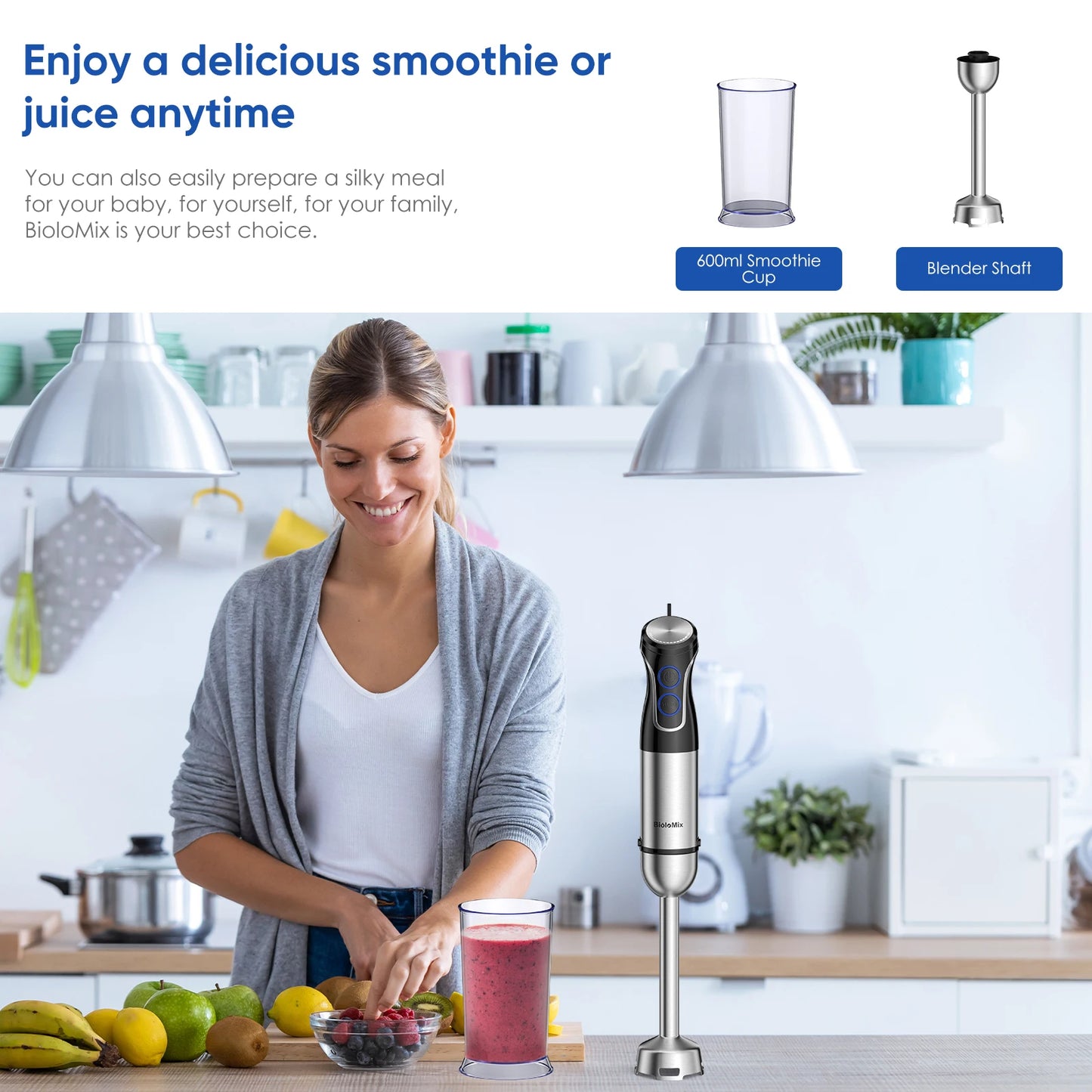 BioloMix 5 in 1 Immersion Hand Blender,1500W Blender with 304 Stainless Steel Blade, Food Processor, Smoothies
