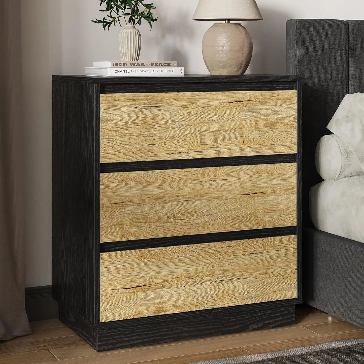 RoyaCraft Wide Nightstand Set of 3, Black Nightstand for Bedroom, Large End Table with 3 Drawers, Bedside Table for Home and Off