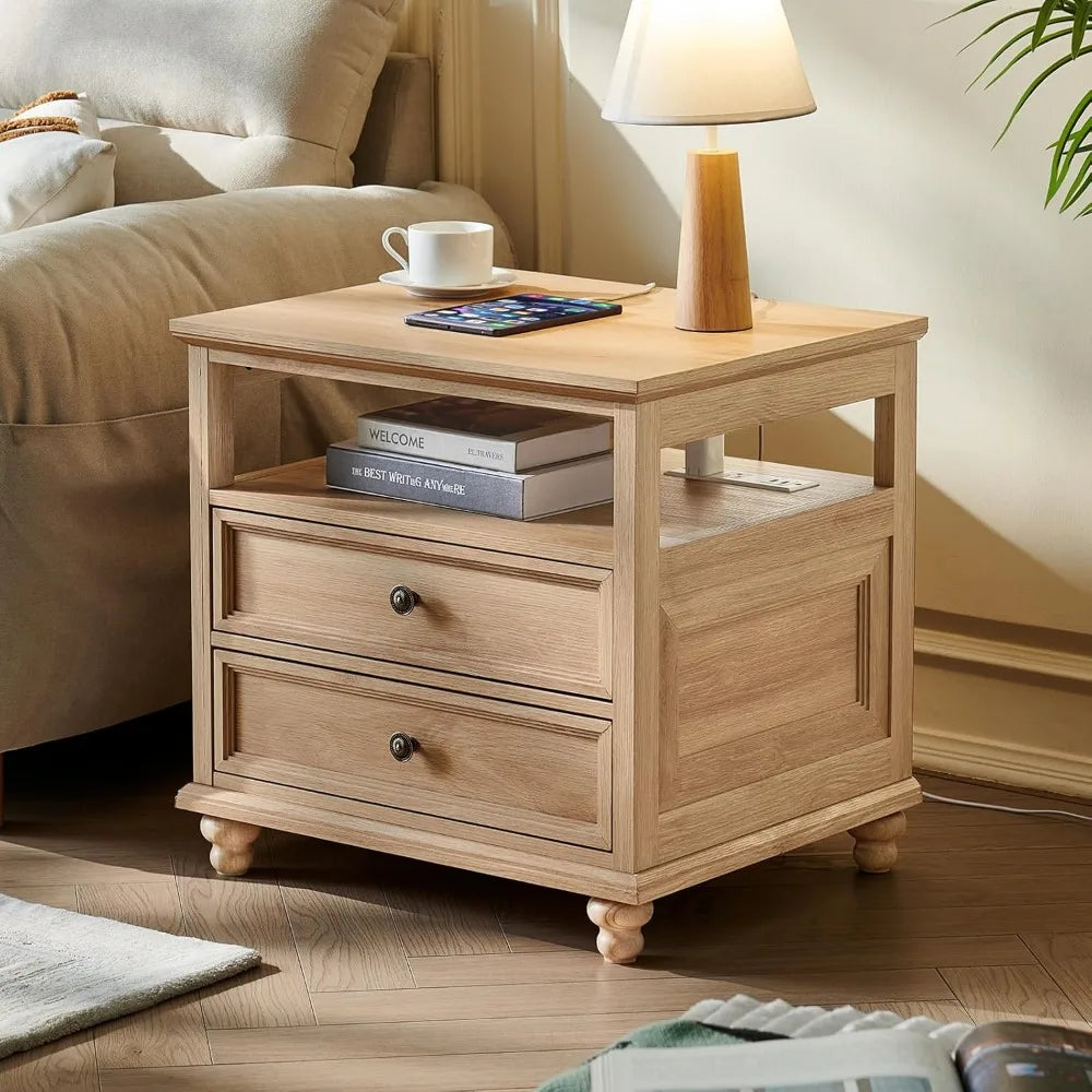 Farmhouse Nightstand with Charging Station, 24 Wide End Table with 2 Drawers, Natural dresser