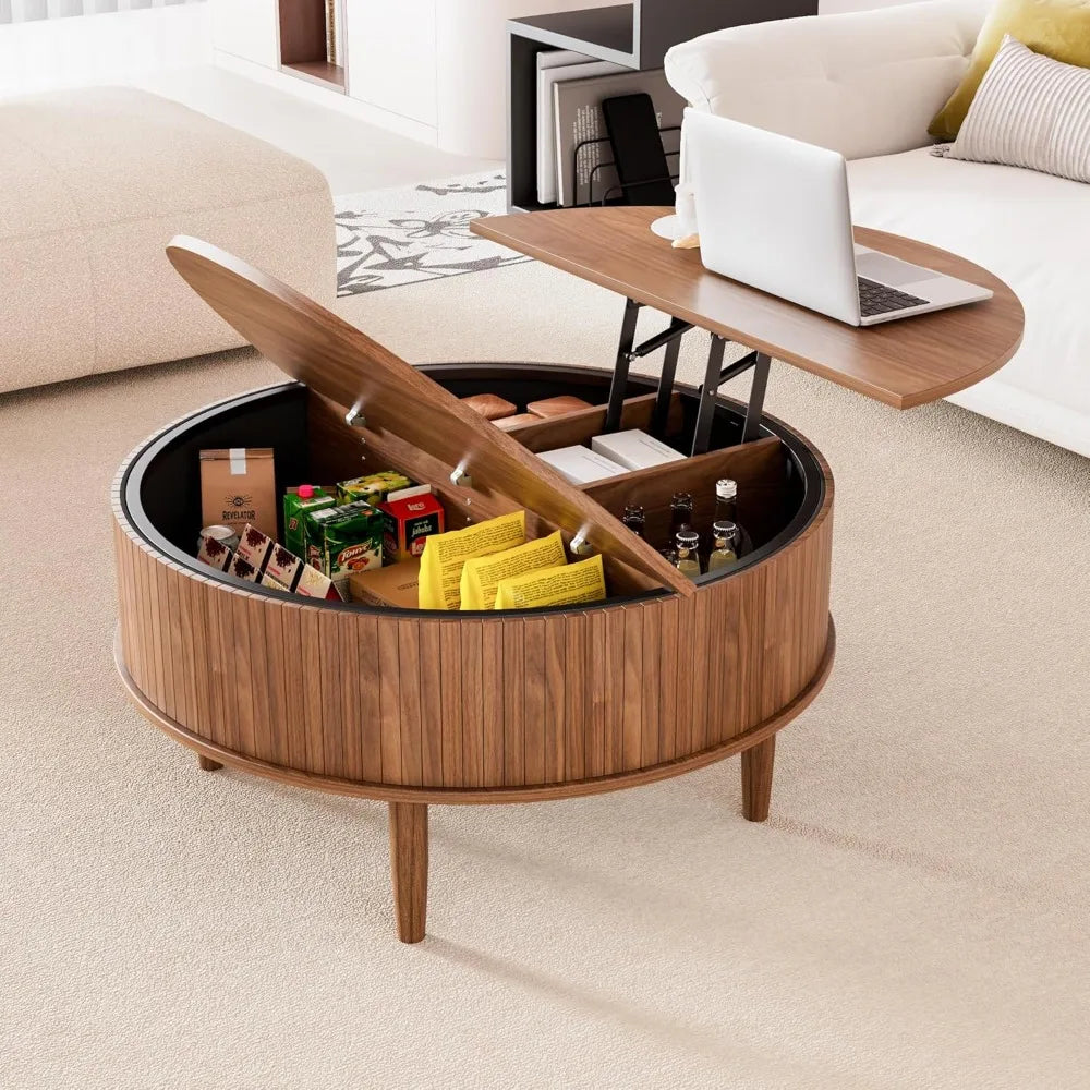 Round Fluted Lift Top Coffee Table with Storage, Mid Century Modern Coffee Table for Living Room