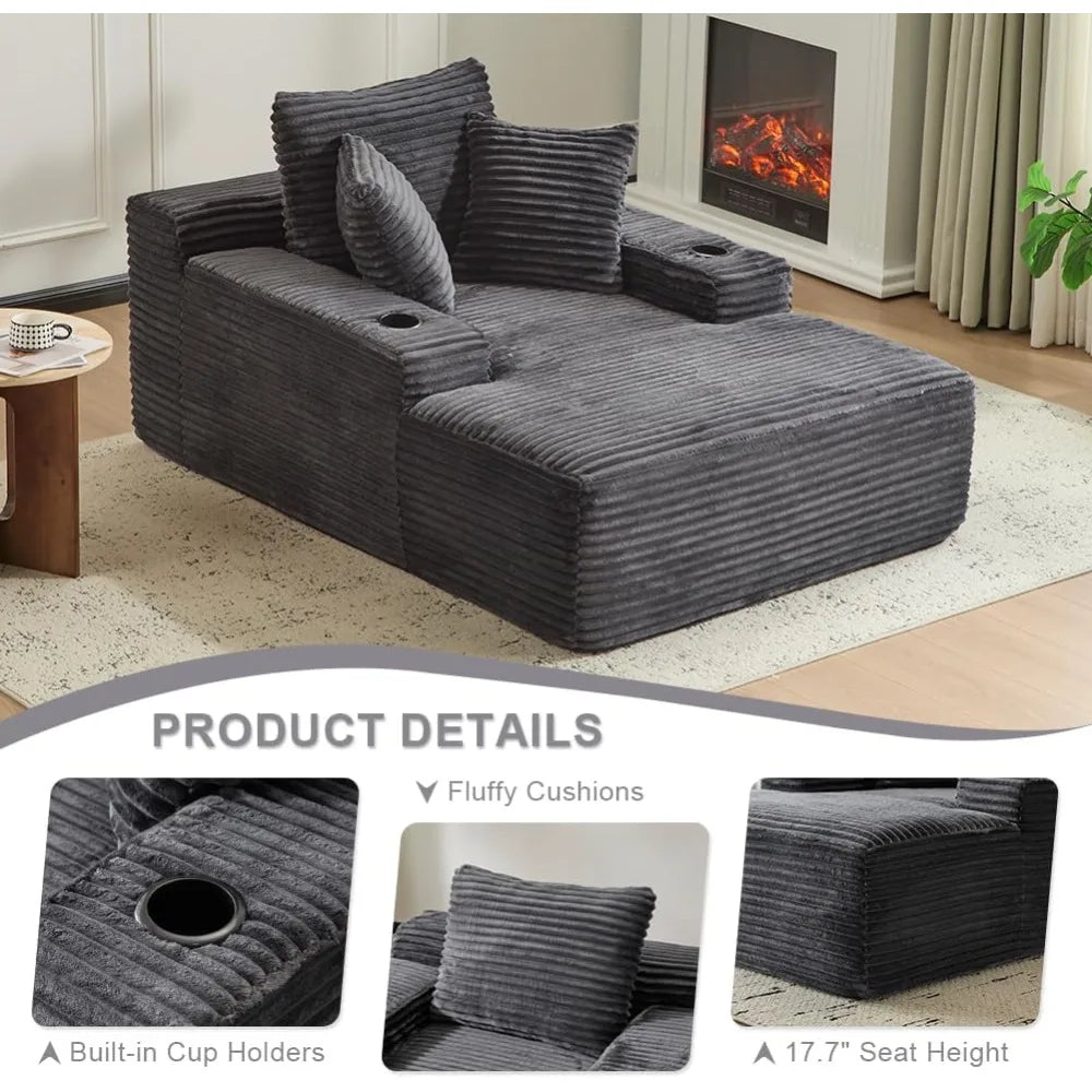 66" Oversized Chaise Lounge Sofa Chair Indoor, Modern Corduroy Single Sleeper Couch Chair with 3 Soft Pillows