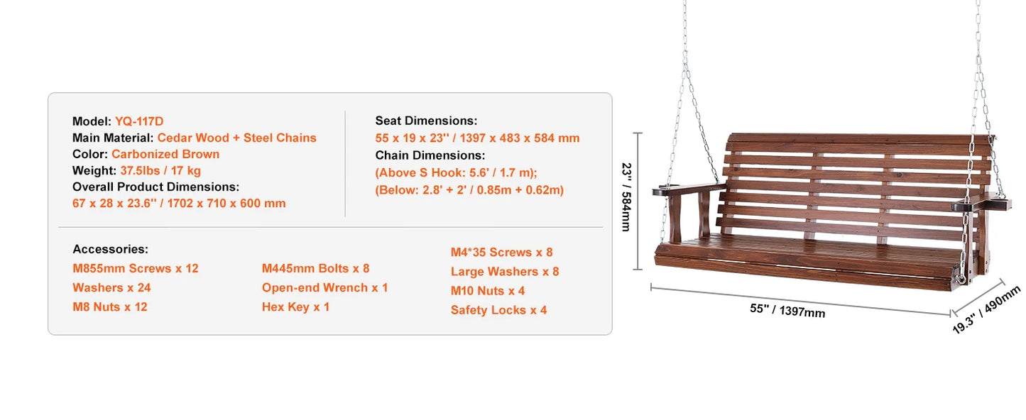 SucceBuy Wooden Porch Swing 5 ft Patio bench swing for Courtyard Garden Upgraded 880 lbs Strong Load Capacity Swing Chair Bench