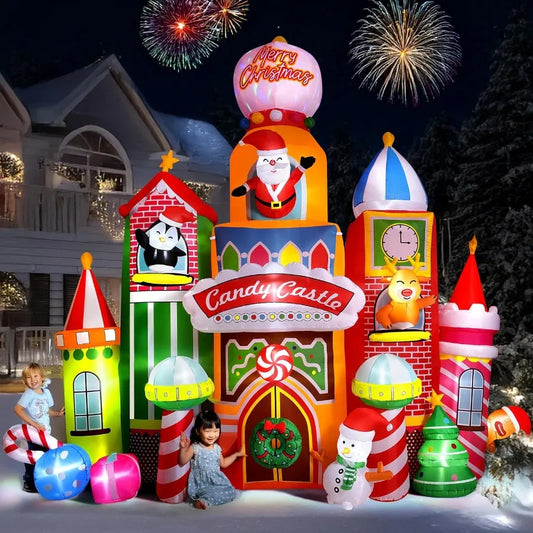 13.5 FT Tall Candy Castle Christmas Inflatables Outdoor Decorations with Built in Rotating Light