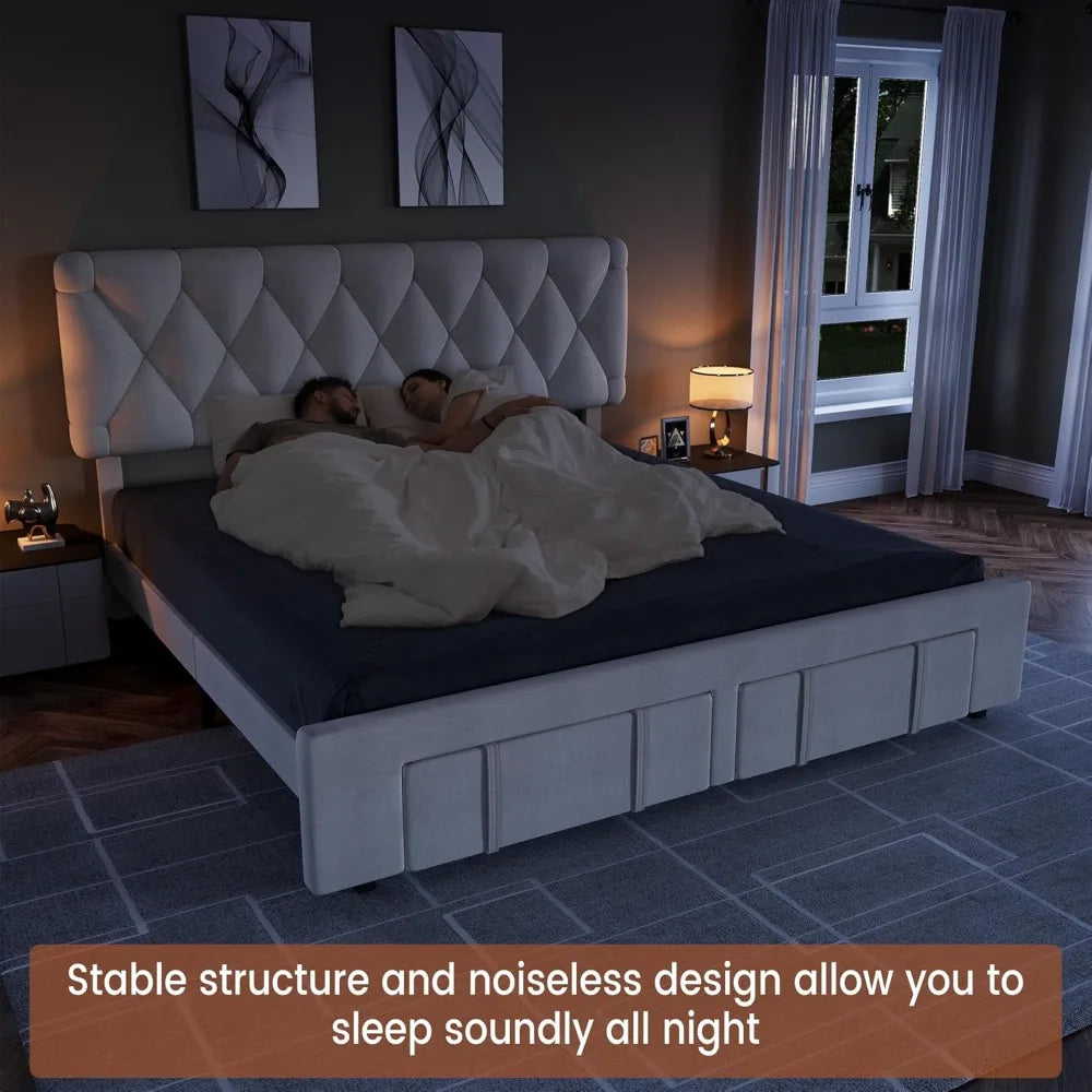 Bed Frame Storage Drawers, Mattress Foundation with Solid Wooden Slats Support, No Box Spring Needed