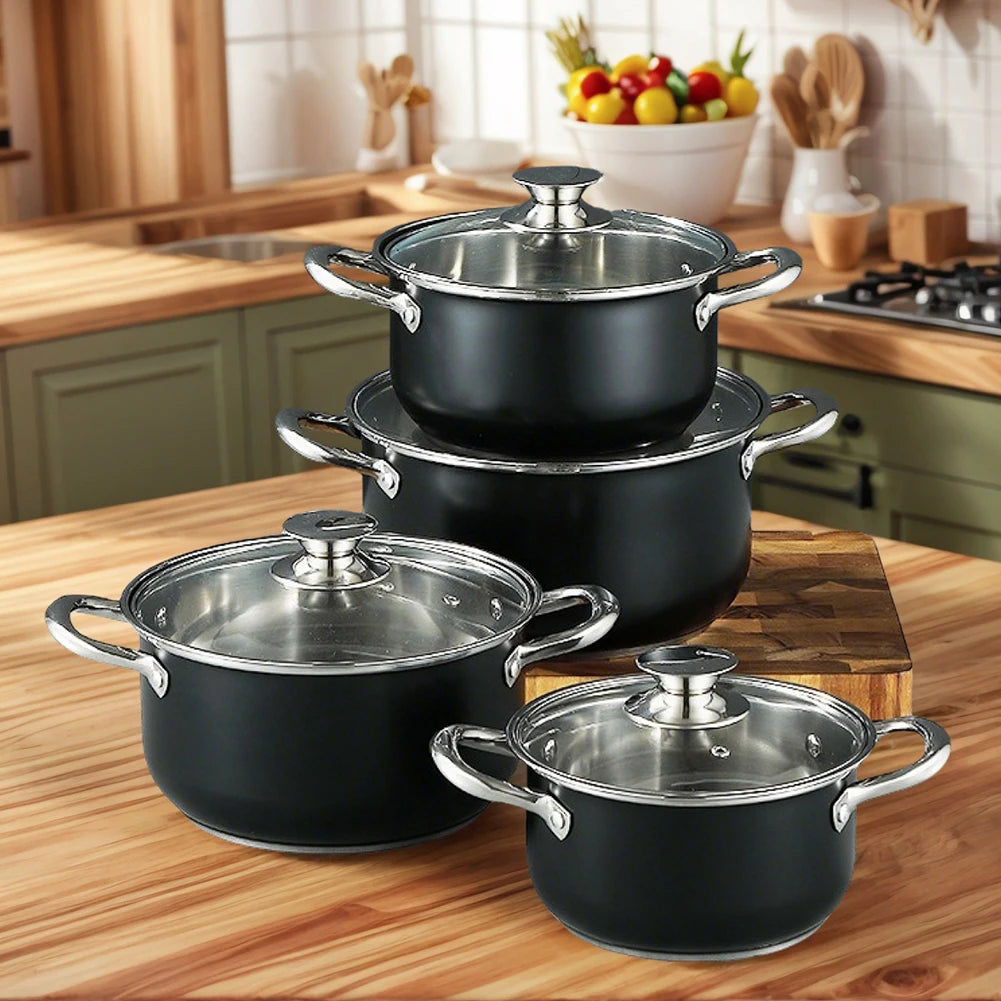 8Pcs Household Pot Set with Glass Lid Stainless Steel Cookware Set Leak Proof Universal Cooking Pot Combination