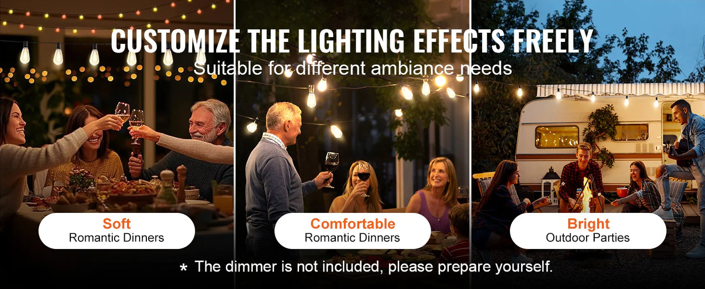SucceBuy LED Outdoor String Lights 2700K Dimmable Outside Patio Waterproof Hanging Lights for Porch Backyard Garden Balcony