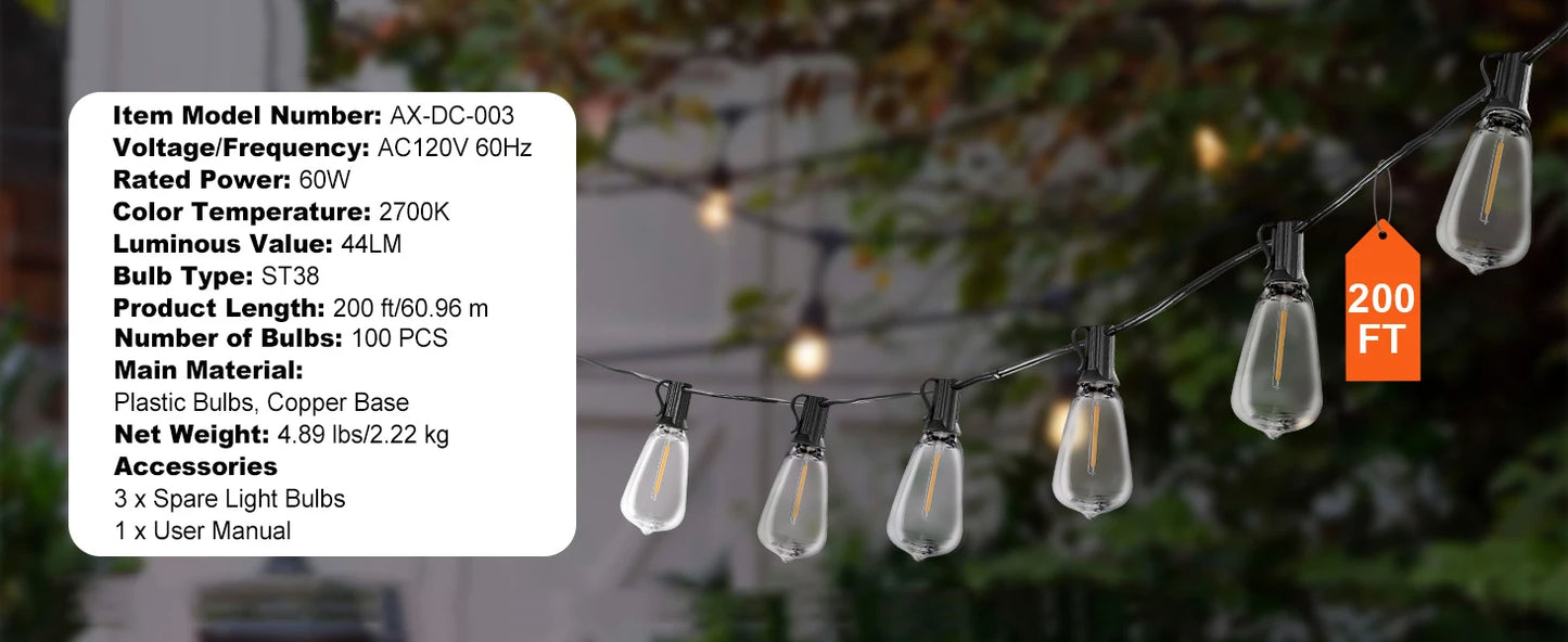 SucceBuy LED Outdoor String Lights 2700K Dimmable Outside Patio Waterproof Hanging Lights for Porch Backyard Garden Balcony