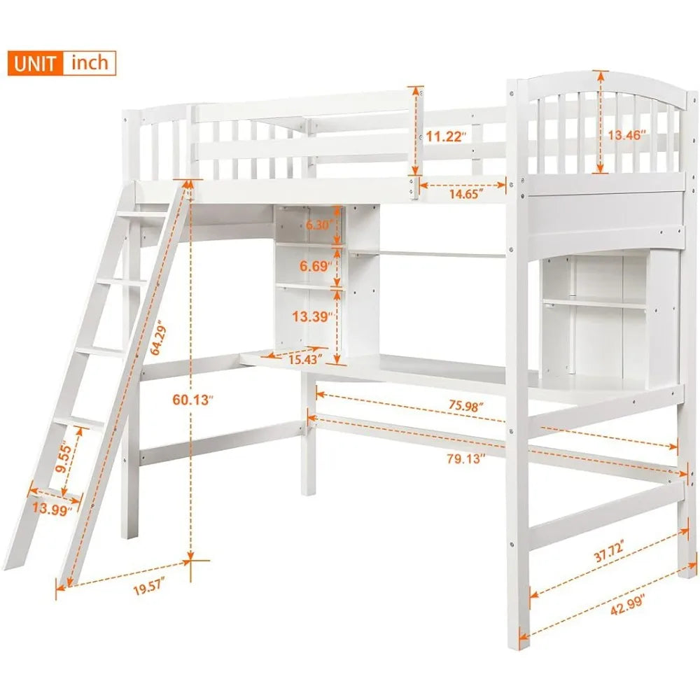 white twin size solid wood loft bed with desk and shelves - bedroom furniture by harper & bright designs