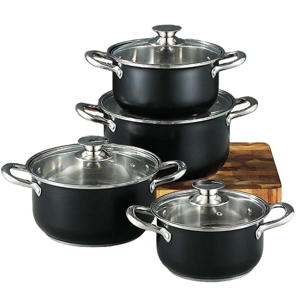 8Pcs Household Pot Set with Glass Lid Stainless Steel Cookware Set Leak Proof Universal Cooking Pot Combination