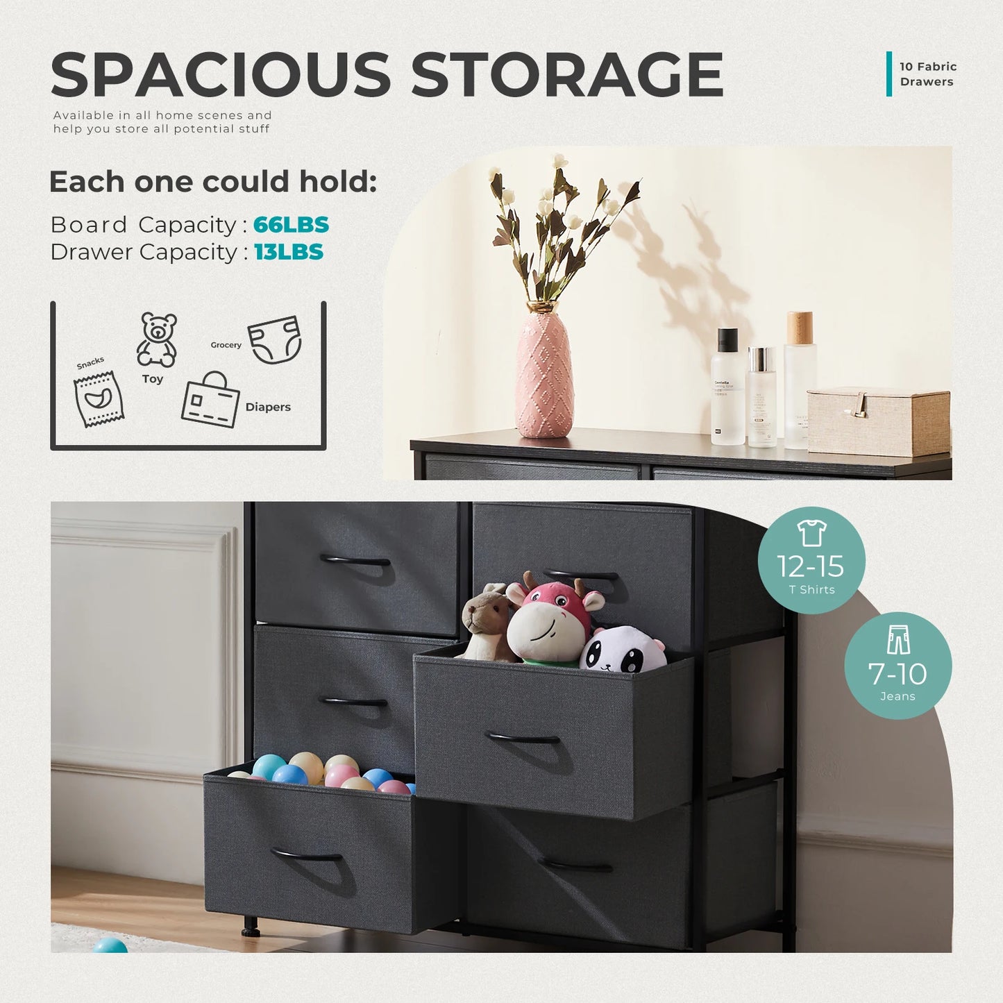 JHK Bedside Table For Bedroom With 10 Fabric Drawers Nightstand Storage Cabinet With Steel Frame