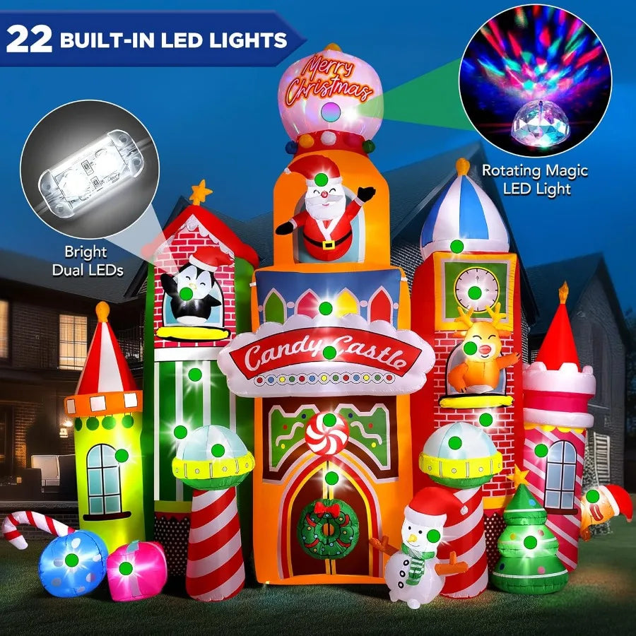 13.5 FT Tall Candy Castle Christmas Inflatables Outdoor Decorations with Built in Rotating Light