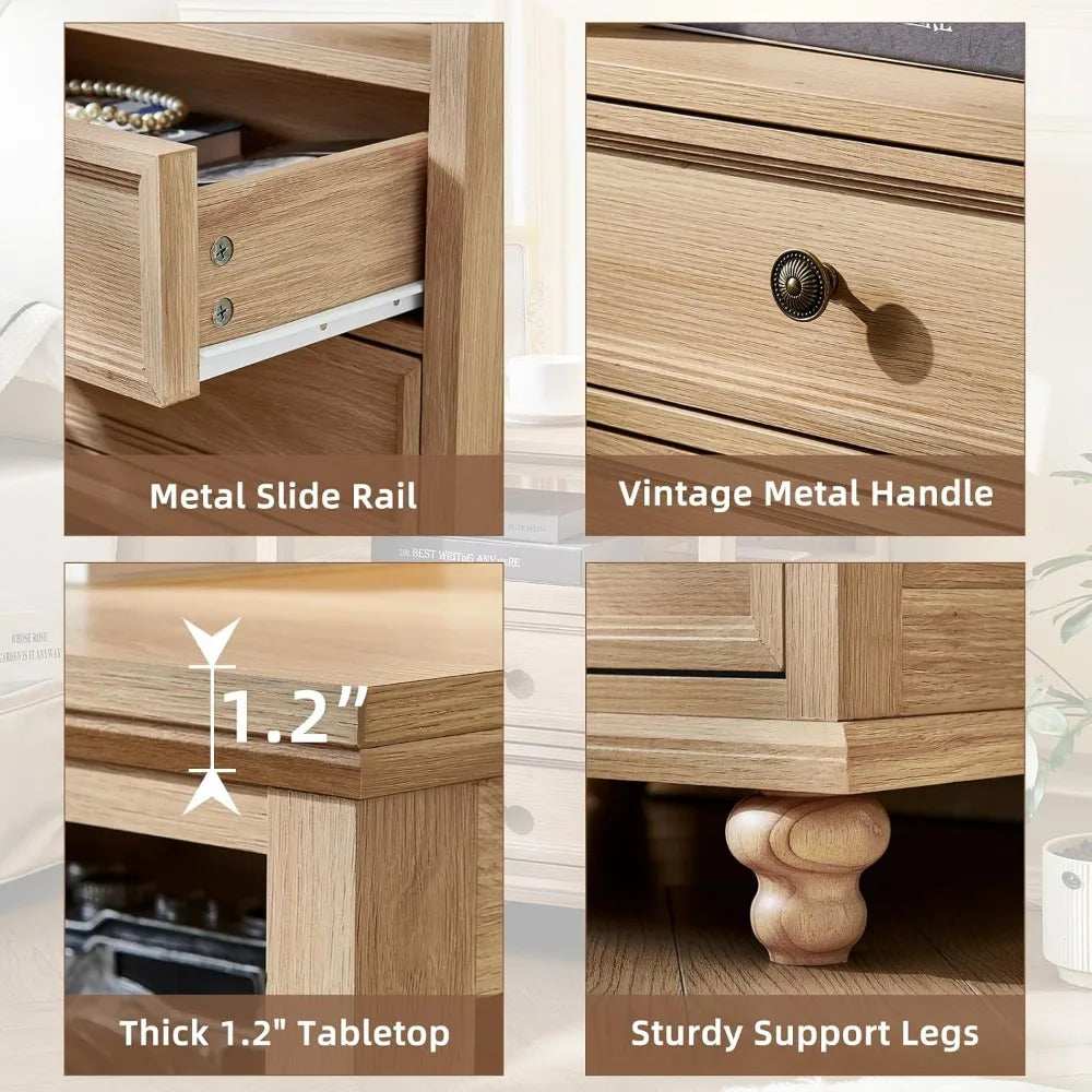 Farmhouse Nightstand with Charging Station, 24 Wide End Table with 2 Drawers, Natural dresser