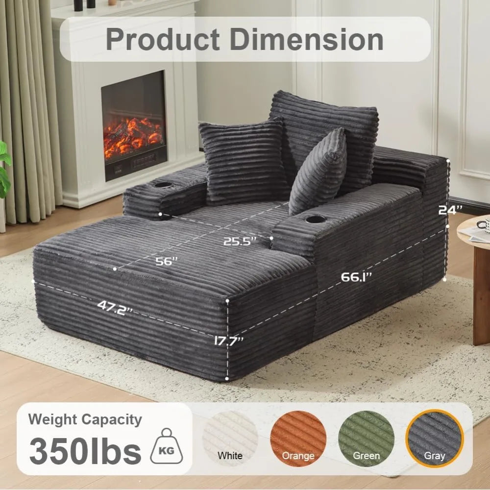 66" Oversized Chaise Lounge Sofa Chair Indoor, Modern Corduroy Single Sleeper Couch Chair with 3 Soft Pillows