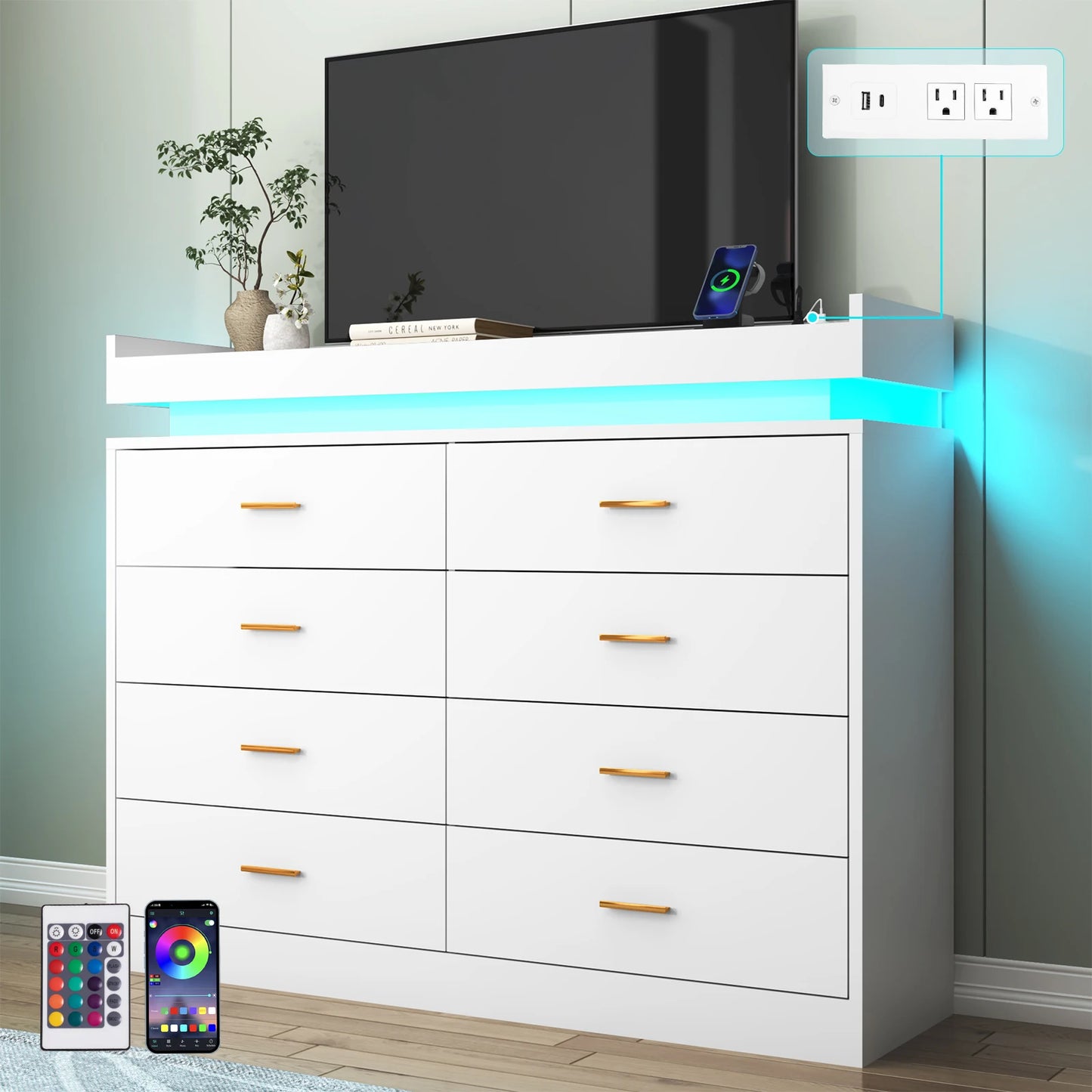 8 Drawer Dresser With LED Light Modern Chest Of Drawers Bedroom