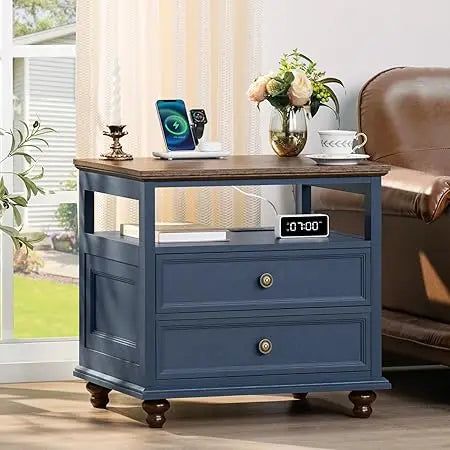 Farmhouse Nightstand with Charging Station, 24 Wide End Table with 2 Drawers, Natural dresser