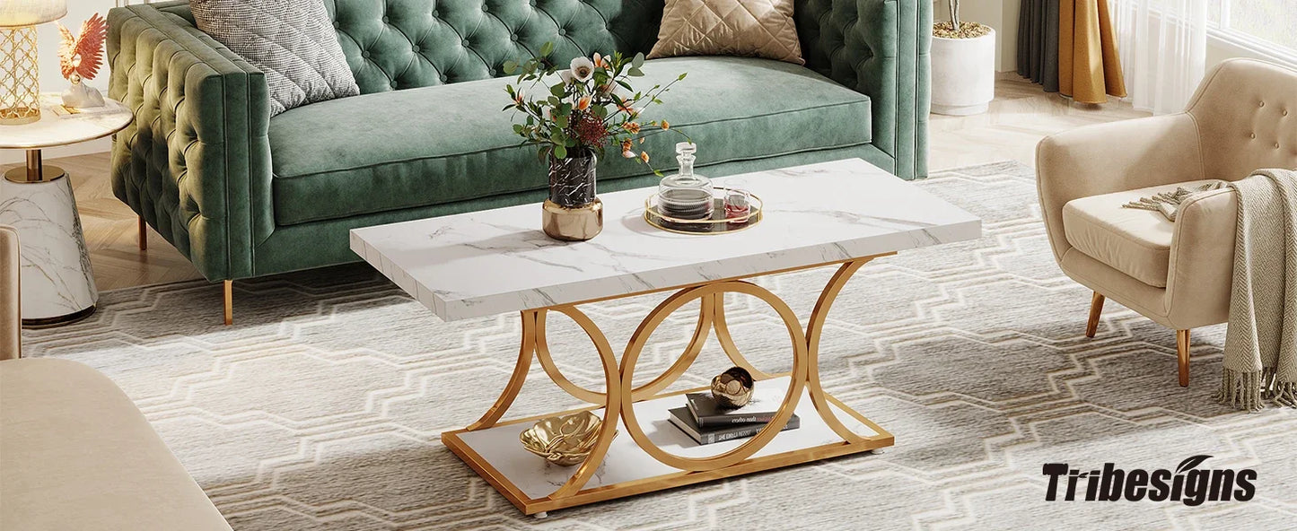 Tribesigns Rectangle Coffee Table 2 Tier Faux Marble Wood