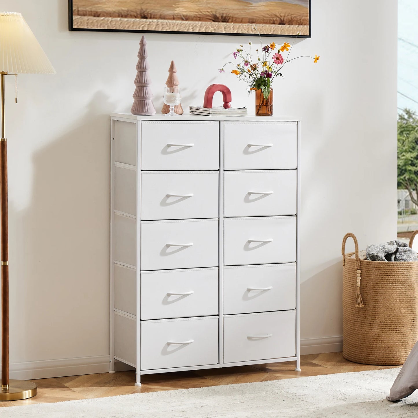JHK Bedside Table For Bedroom With 10 Fabric Drawers Nightstand Storage Cabinet With Steel Frame