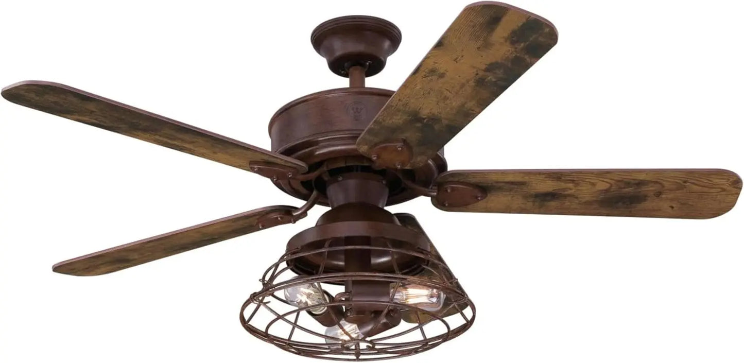 "Barnett 48-Inch Barnwood LED Ceiling Fan Light Kit with Dimmable Cage Shade and Remote Control"