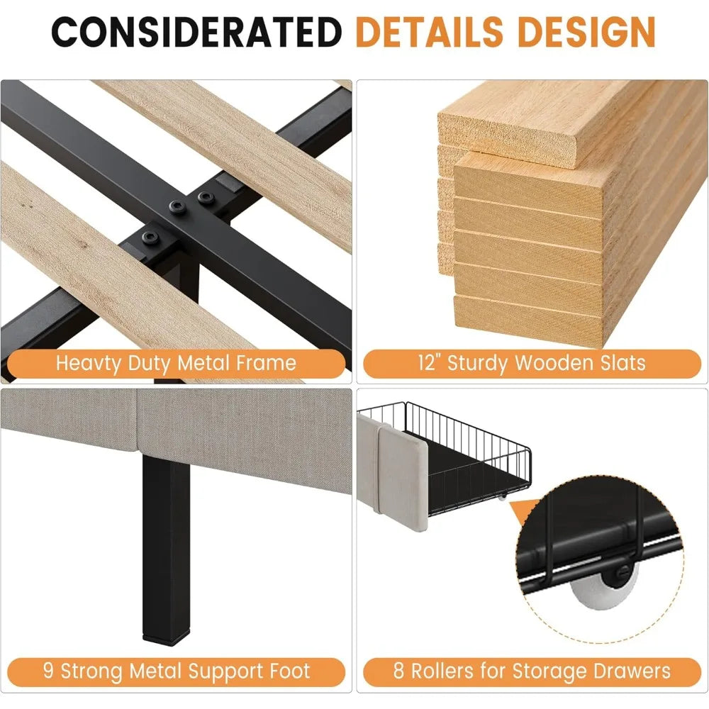 Bed Frame Storage Drawers, Mattress Foundation with Solid Wooden Slats Support, No Box Spring Needed