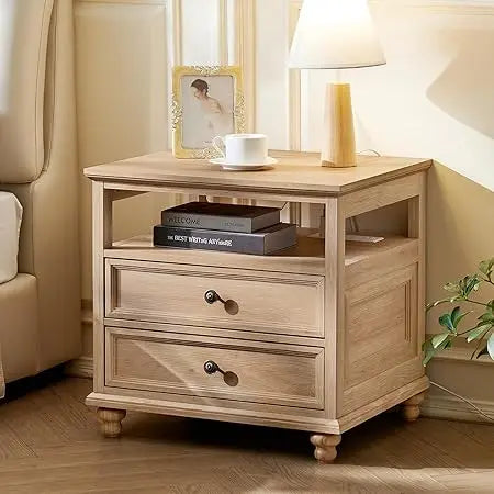 Farmhouse Nightstand with Charging Station, 24 Wide End Table with 2 Drawers, Natural dresser