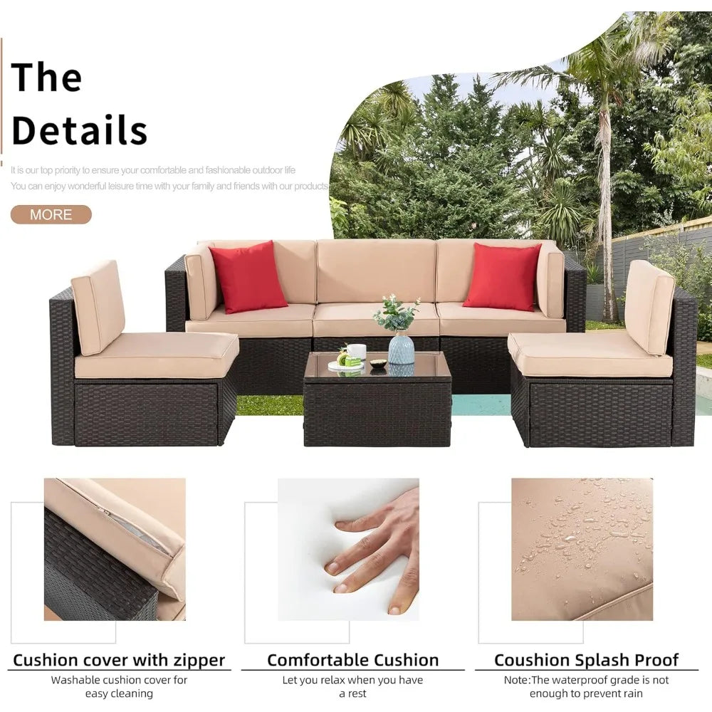 6 Pieces Patio garden furniture sets, PE Rattan Manual Wicker Patio Conversation Set w/Glass Table&Ottoman Cushion and Pillows