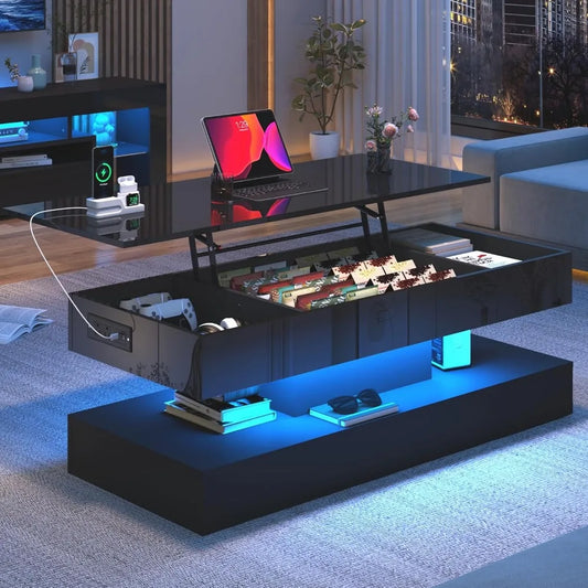 Large Lift Top Coffee Table With Storage LED Black Modern