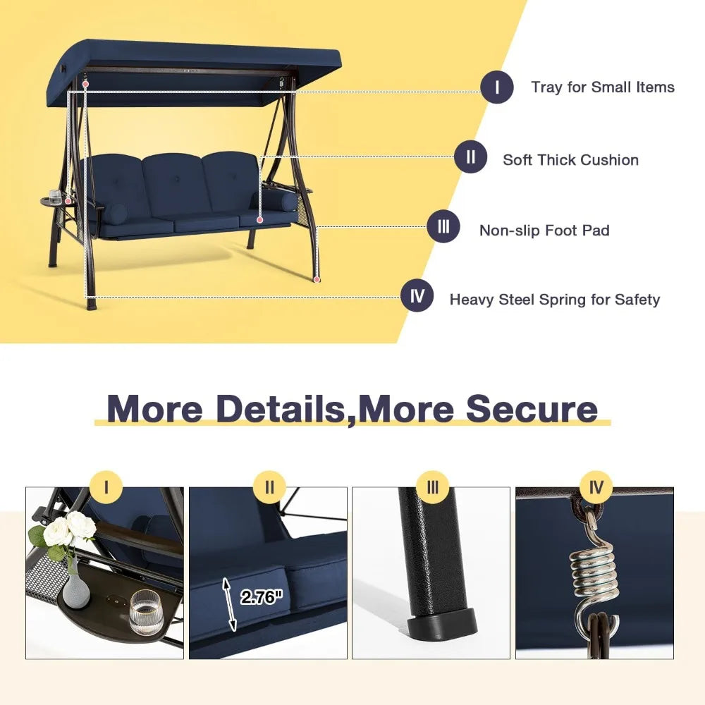 3 Person Outdoor Porch Swing With Cup Holder Canopy