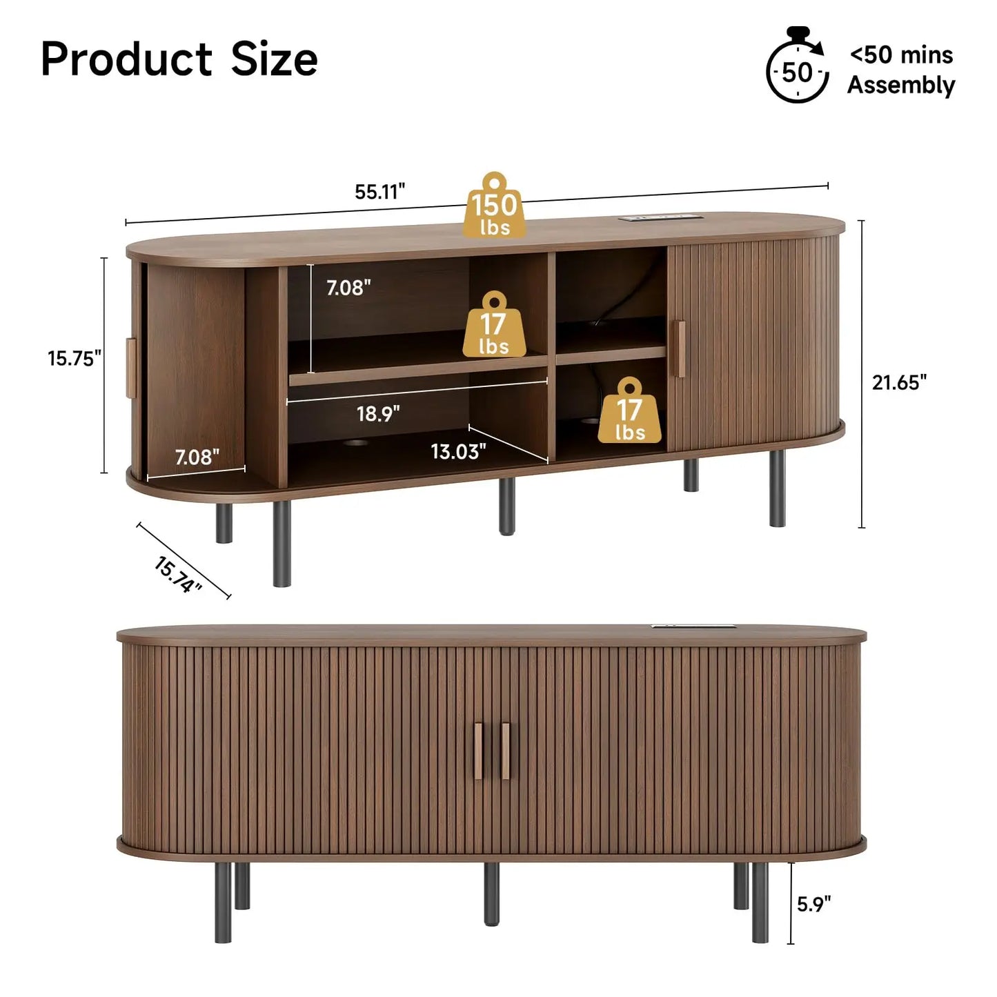 Walnut TV Stand With Power Outlet And Sliding Doors