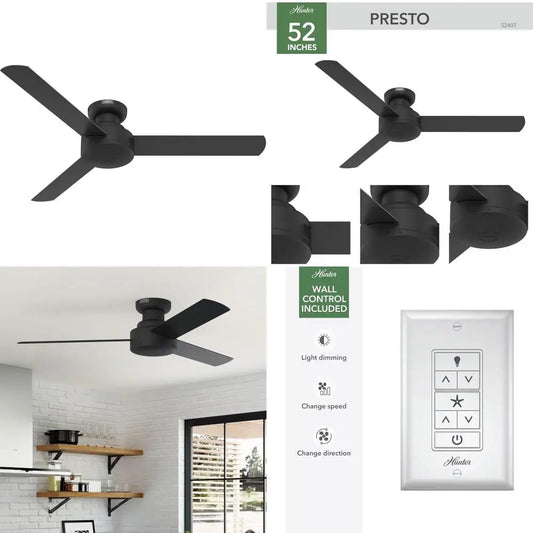 Matte Black 52-inch Casual Style Indoor Low Profile Ceiling Fan with Wall Control for Bedroom Living Spaces