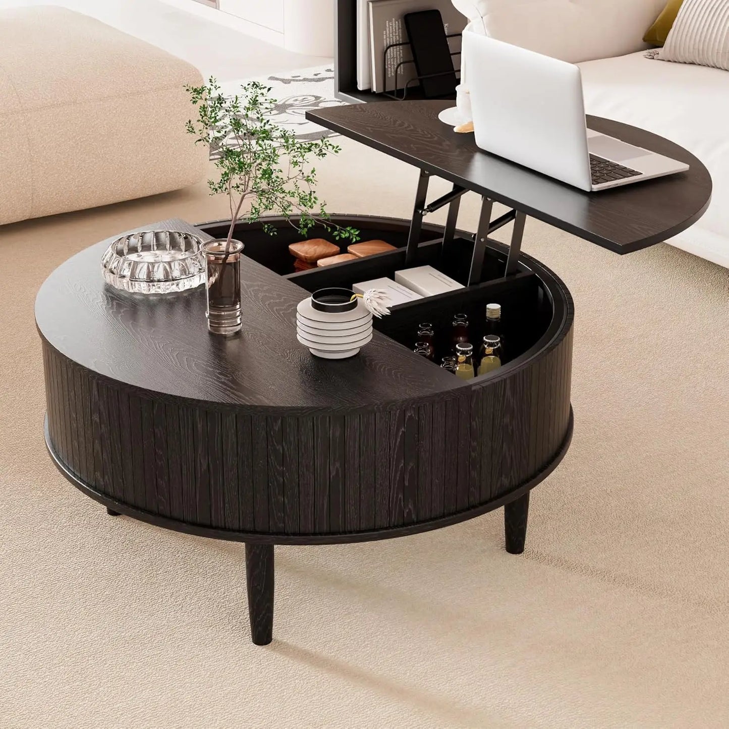 Round Fluted Lift Top Coffee Table with Storage, Mid Century Modern Coffee Table for Living Room