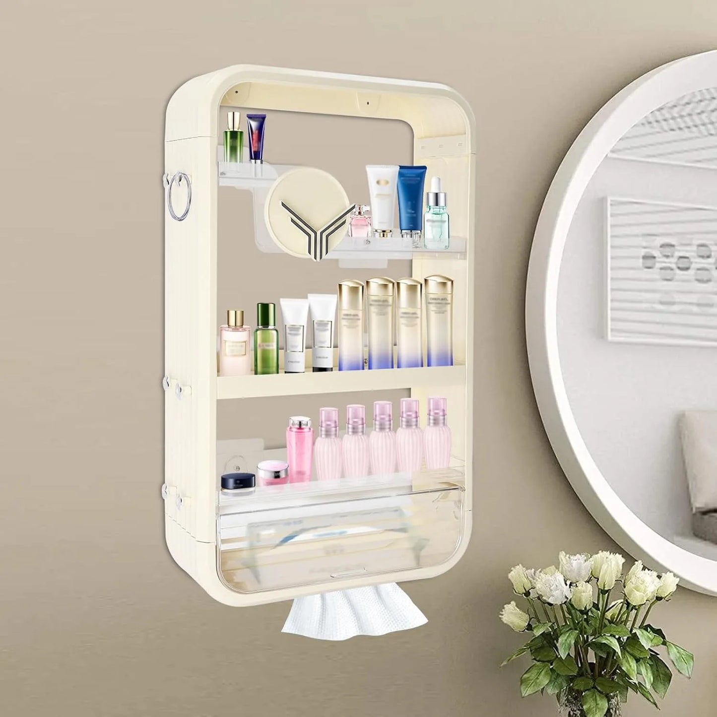 Wall Mount Makeup Organizer, Adhesive Shelf Bathroom Shelves for Wall, Perfume Organizers with Tissue Hole