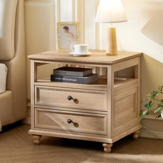 Farmhouse Nightstand with Charging Station, 24 Wide End Table with 2 Drawers, Natural dresser