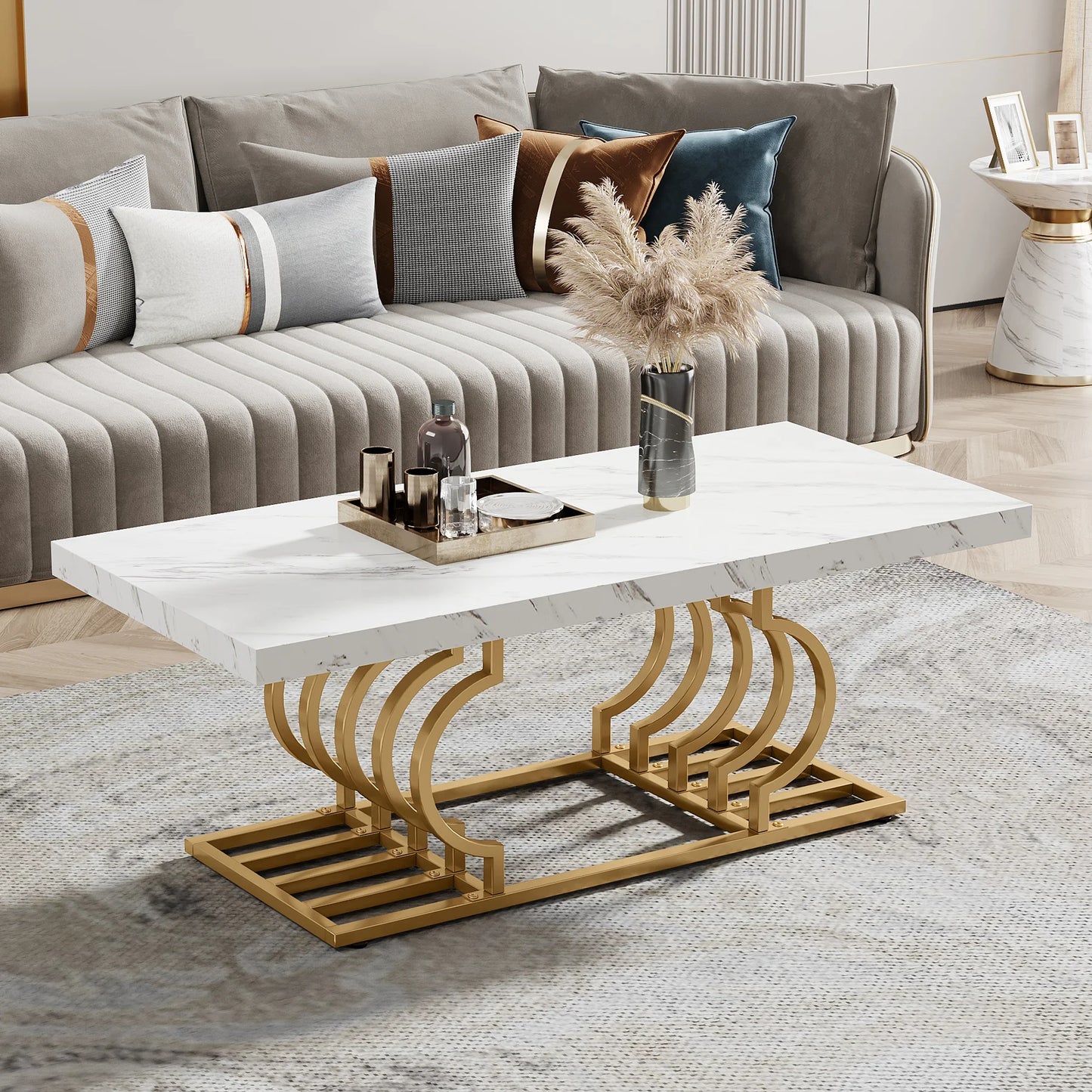 Tribesigns Rectangle Coffee Table 2 Tier Faux Marble Wood