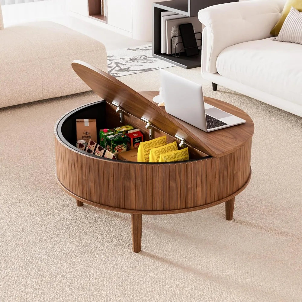 Round Fluted Lift Top Coffee Table with Storage, Mid Century Modern Coffee Table for Living Room