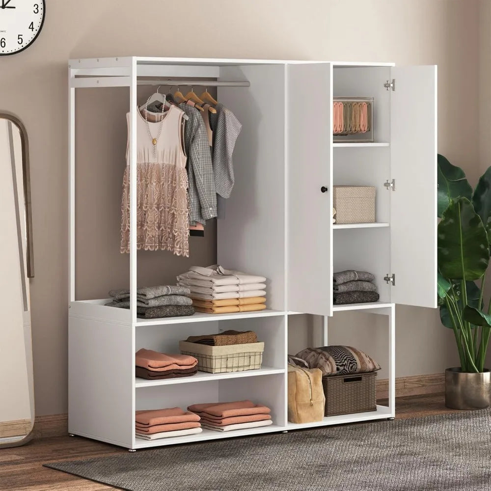 Angduo White Wardrobe Closet With Shelves And Hanging Rod