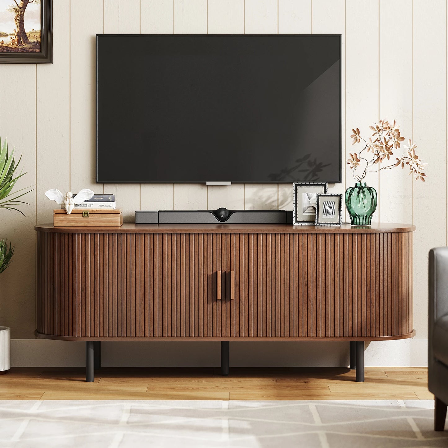 Walnut TV Stand With Power Outlet And Sliding Doors