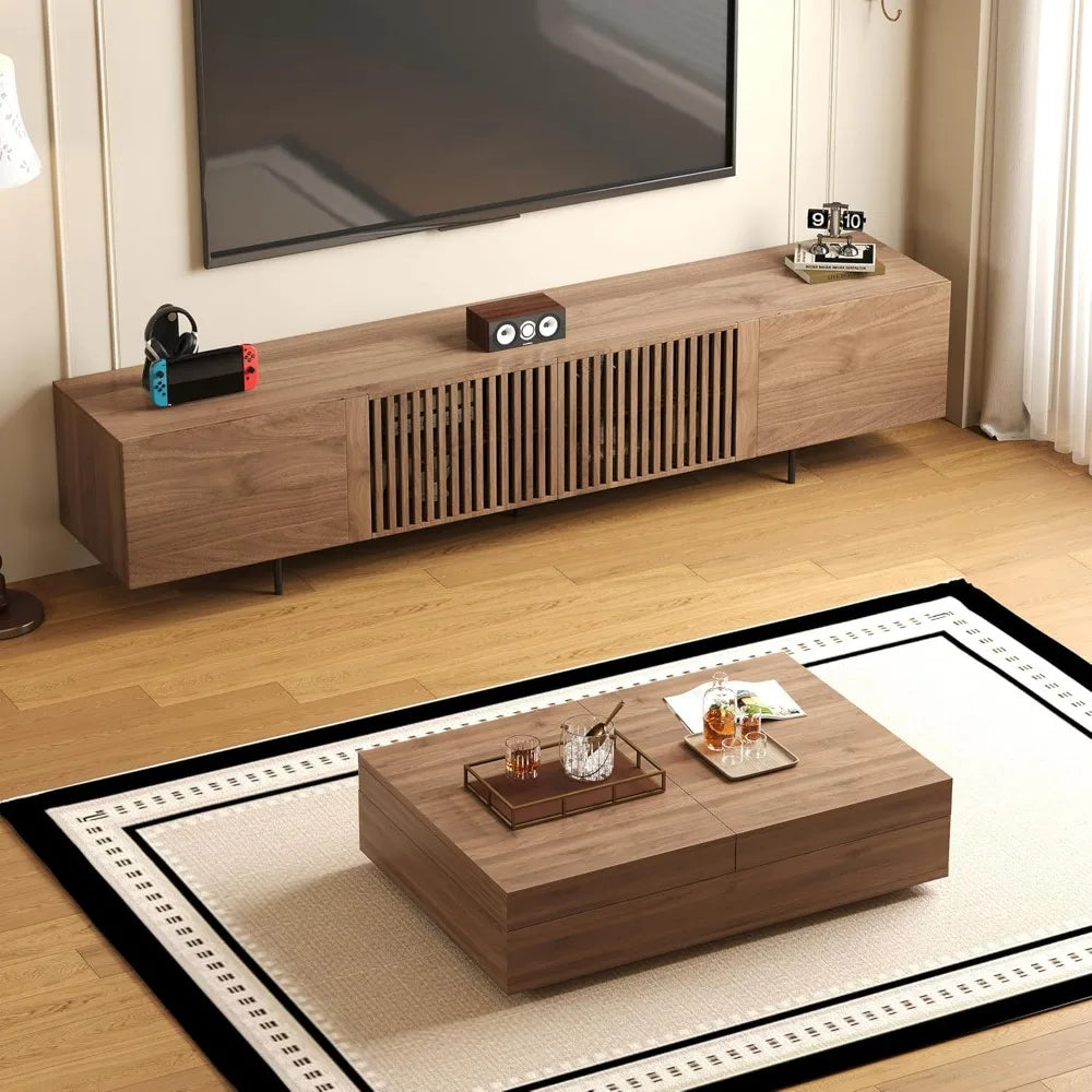 Mid-Century Modern TV Stand & Expandable Coffee Table Set, Walnut Finish, Stylish Storage Combo for Living Room or Bedroom (70.8