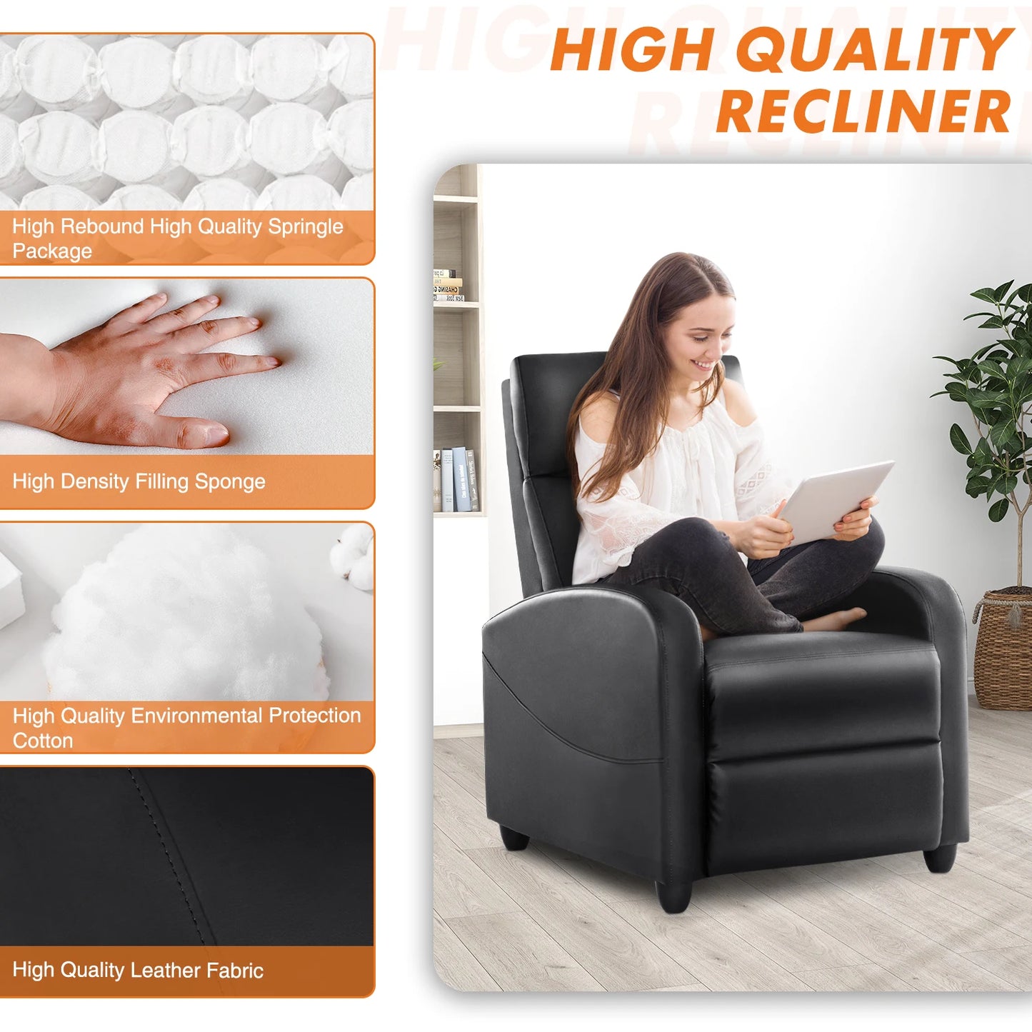 JHK Recliner Chair Massage Sofa Lumbar Support Grey