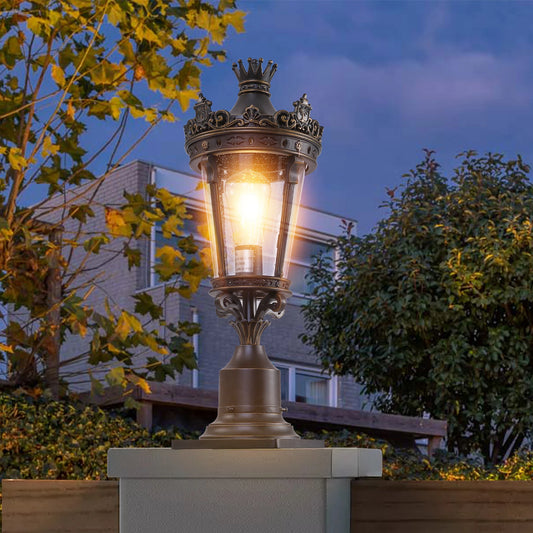 Vintage Crown Outdoor Post Lantern, Waterproof Decorative Table Lamp with Clear Glass Shade and Antique Metal Base