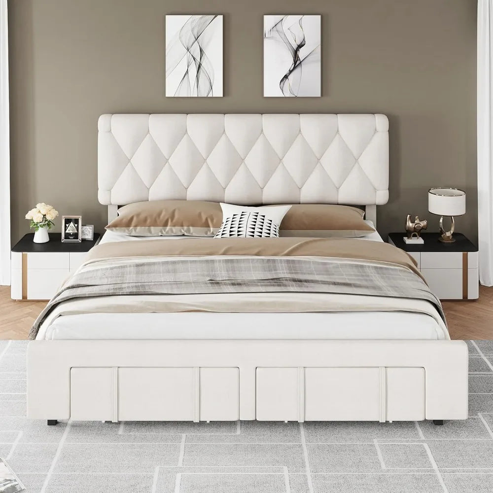 Bed Frame Storage Drawers, Mattress Foundation with Solid Wooden Slats Support, No Box Spring Needed