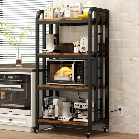 4-Tier Kitchen Bakers Rack with Power Outlet and Rolling Wheels, Microwave Stand with Storage, Adjustable Kitchen Shelves