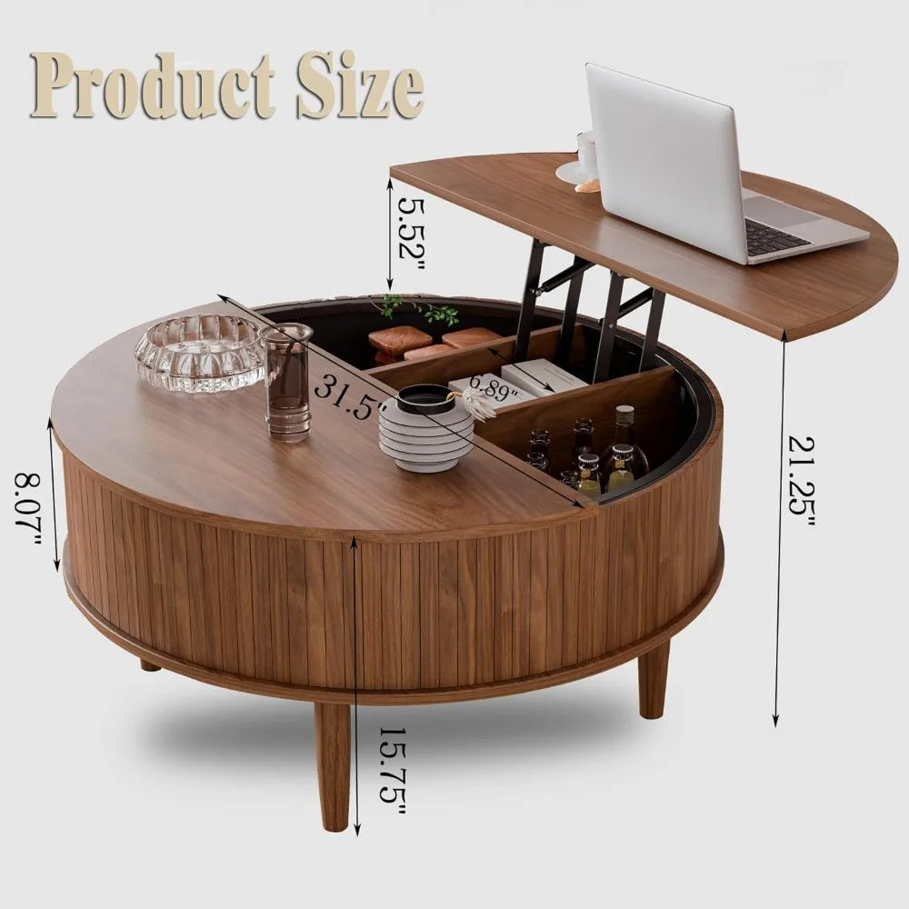 Round Fluted Lift Top Coffee Table with Storage, Mid Century Modern Coffee Table for Living Room