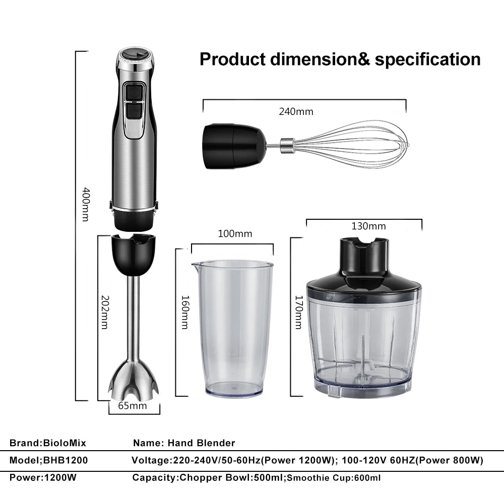 Biolo Mix 4 in 1 High Power 1200W Immersion Hand Stick Blender Includes Chopper and Smoothie Cup Stainless Steel Blades